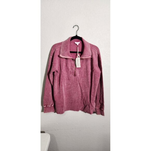 Grace & Lace Sweater Womens Large Pink Waffle Knit Half Zip Pullover Cotton NWT - Picture 1 of 12